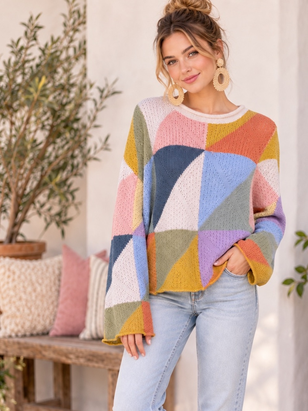 Ghanda 1984 Cotton Open Knit Colorblock Sweater M Retro Boho